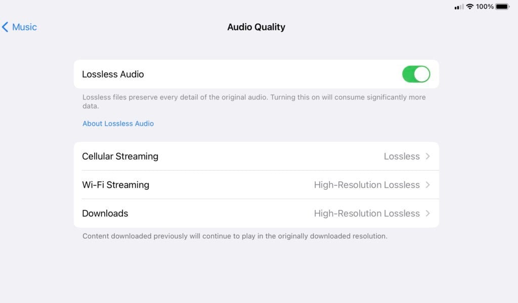 iMusic Audio Quality Settings Page