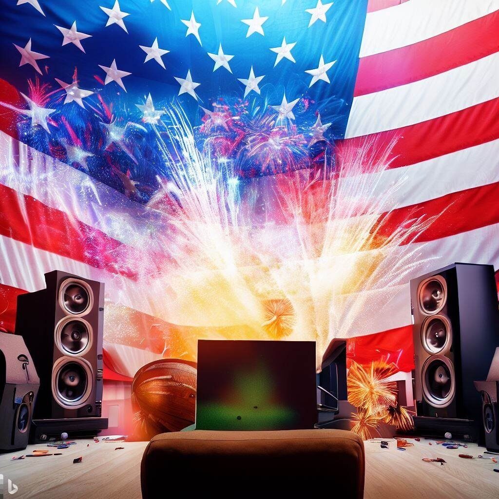 A home theater system, a giant American flag, and fireworks to represent the 4th of July.
