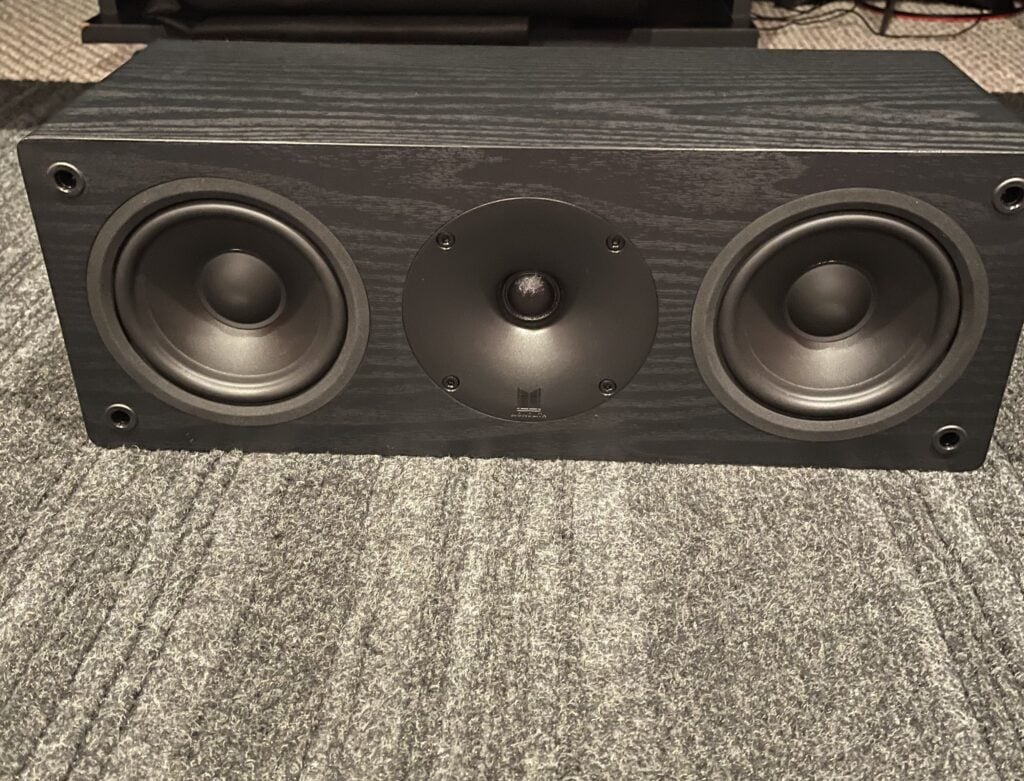 Monoprice's Monolith Audition C4 center speakers on the floor.