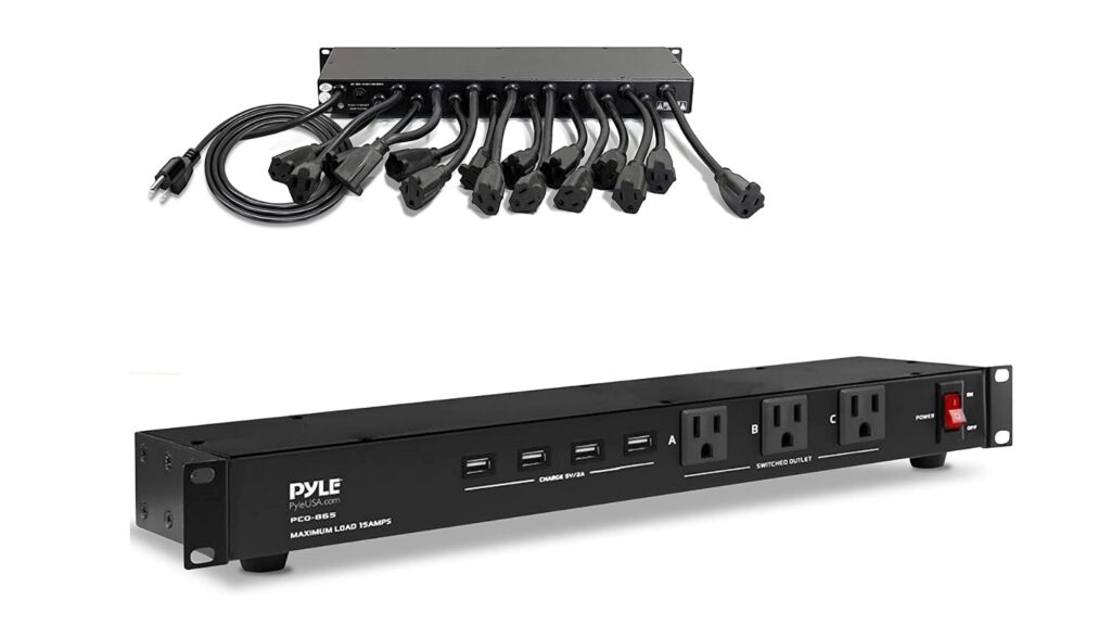 The Pyle PCO865 power conditioner, with both the front and unique back shown on display.