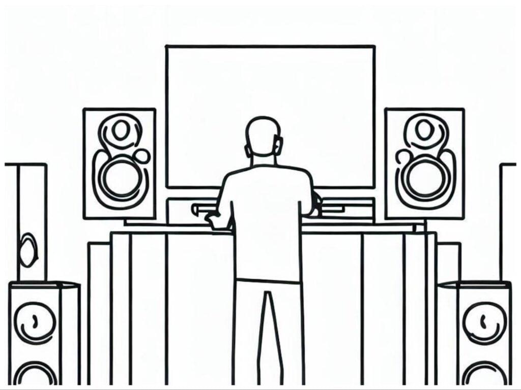 Line drawing of man setting up a surround sound system.