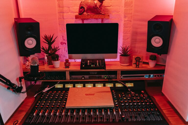 A dolby atmos sound mixing studio with left and right speakers shown. (from: Pexels / Anna Pou)