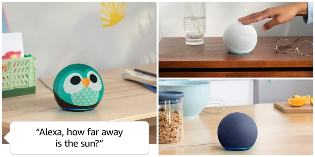 Three Amazon Echo Dot products, including the Echo Dot with clock and Echo Dot Kids.