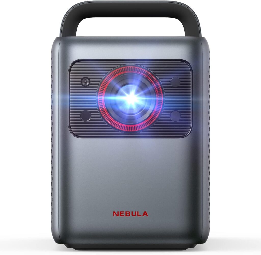 The Anker NEBULA Cosmos Laser 4K Projector with light emitting from its front.