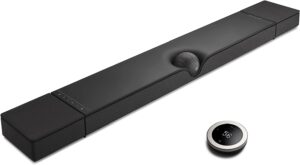 The Devialet Dione next to the Devialet Remote one of our best soundbars for tv