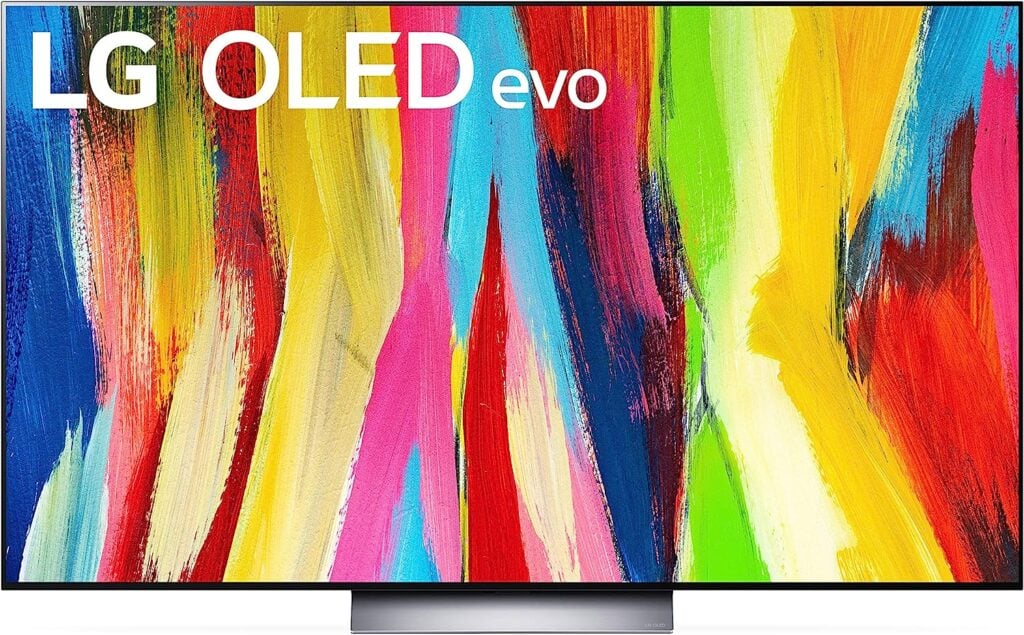 The LG C2 Series 65-Inch Class OLED evo Smart TV with an image of colorful paint strokes as a background.
