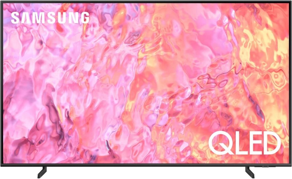The SAMSUNG 75-Inch Class QLED QN75Q60C with a colorful picture on display.