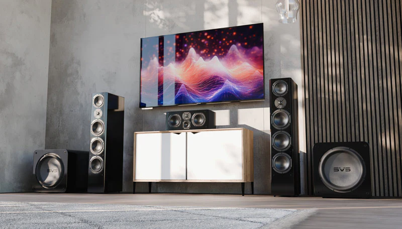 SVS subwoofer and speaker lifestyle photo